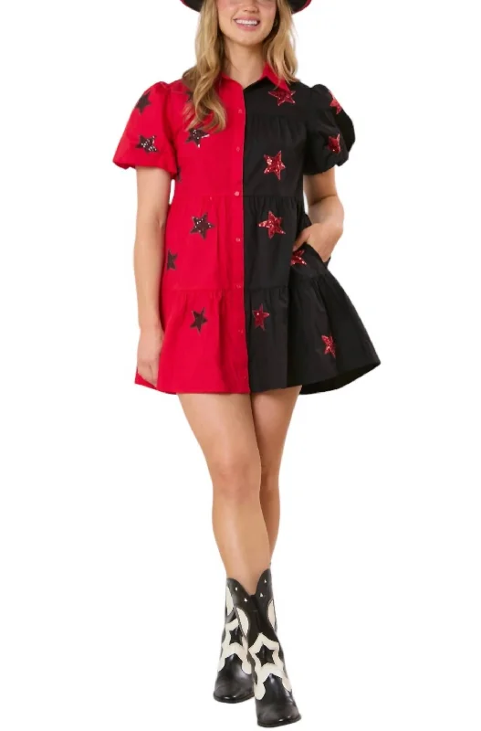 Best Sellers Star Sequins Embroidery Color Block Shirt Dress In Black/red