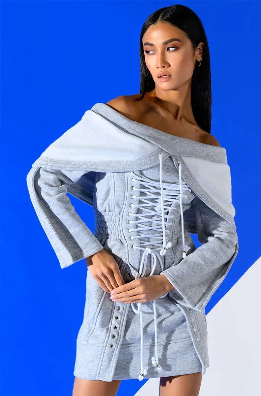 Holiday Glam TIED UP IN LOVE CORSET LONG SLEEVE SWEATSHIRT DRESS