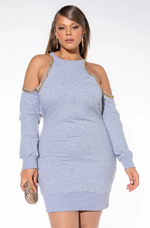 Unleash Your Fashion PLUS MOST LOVED COLD SHOULDER SWEATSHIRT DRESS HEATHER GREY