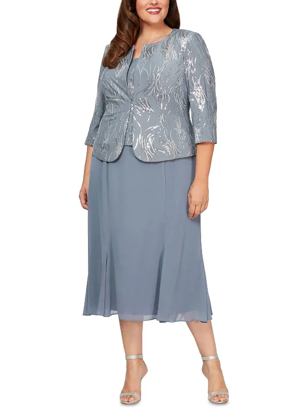 Sophisticated Fashion Plus Womens Sequined Polyester Two Piece Dress