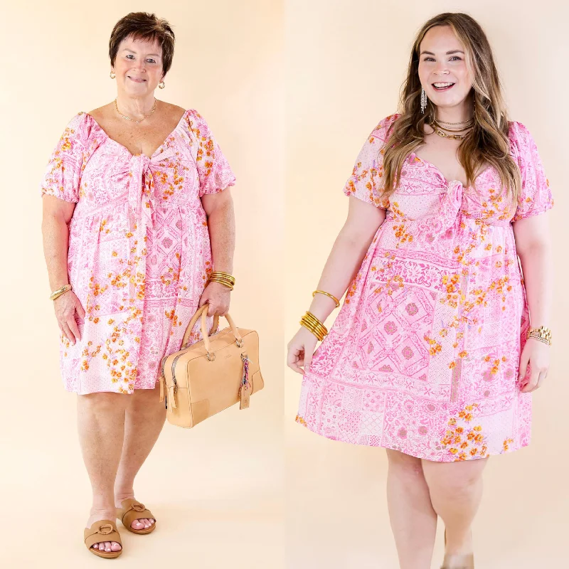 Clothing Brands Down For Delight Floral Geometric Print Dress with Front Tie in Pink