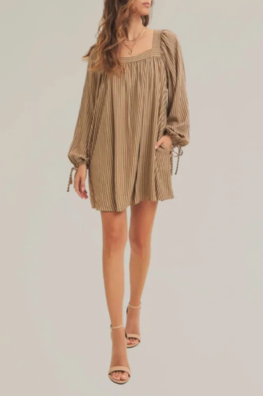 Style Upgrade Striped Tie Sleeve Swing Dress In Brown/cream