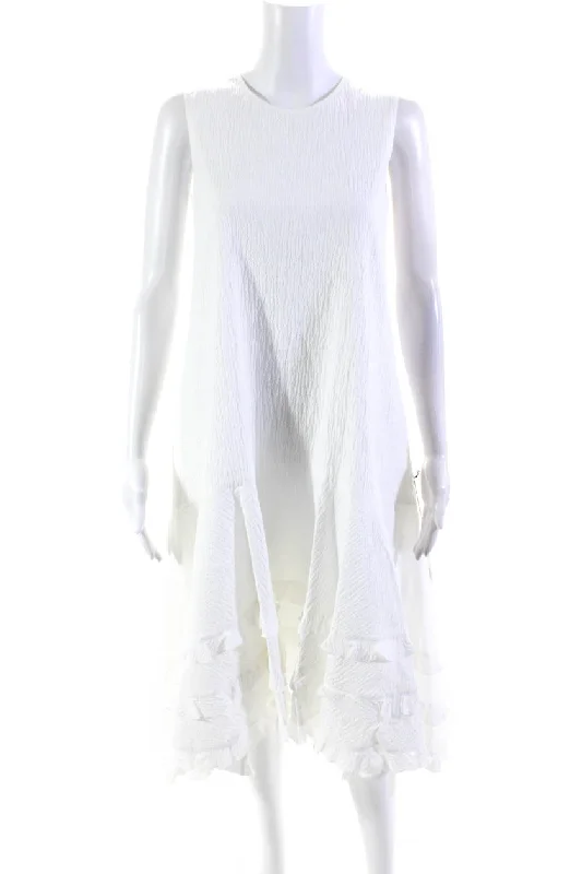 VIP Member Discount Adeam Womens White Textured Ruffle Detail A-Line Sleeveless Jean Dress VIP Member Discount Adeam Womens White Textured Ruffle Detail A-Line Sleeveless Jean Dress