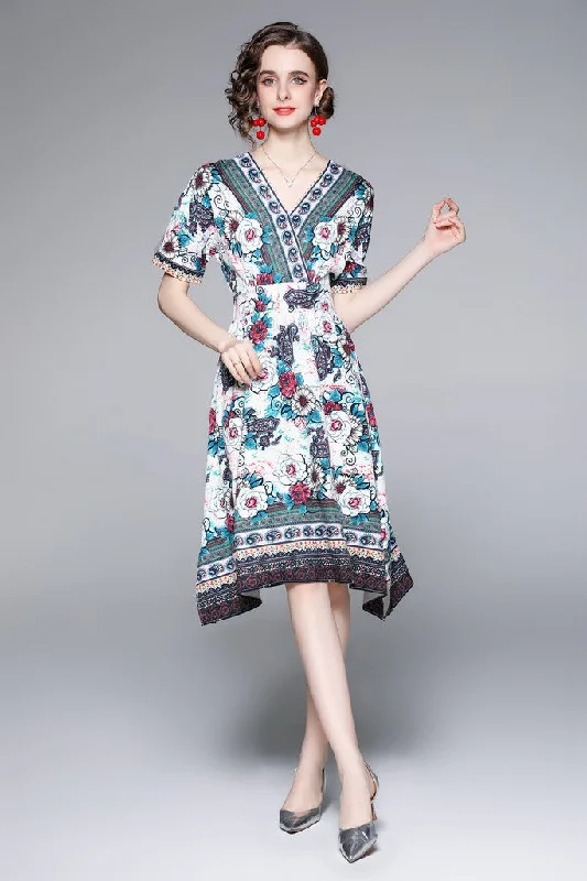 Comfort First Women's Wear Multicolor Day A-line V-neck Short Sleeve Knee Printed Dress