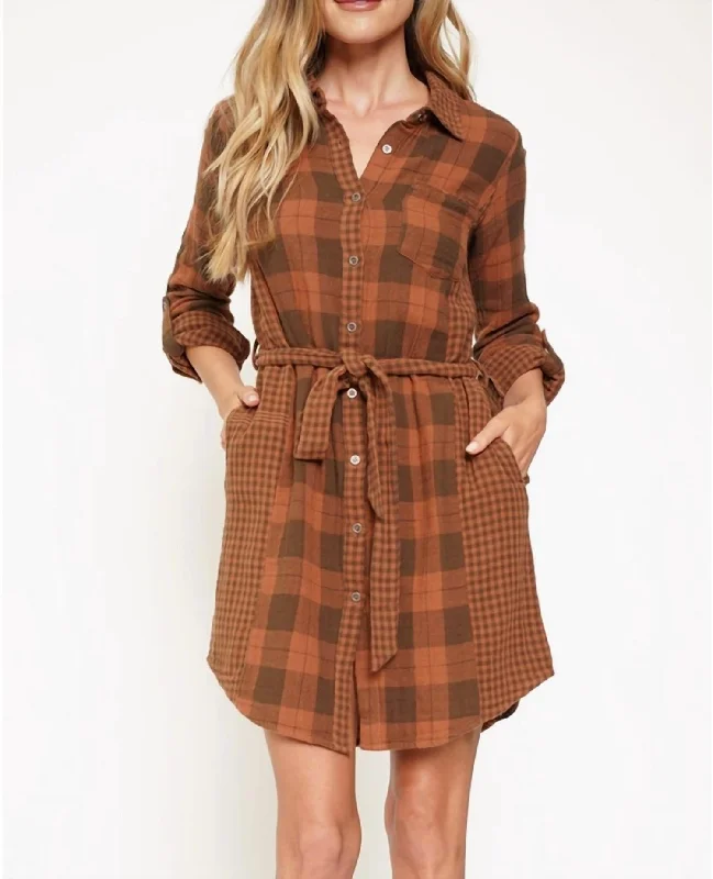 Women's Clothing Online Sale Plaid Shirt Dress In Rust