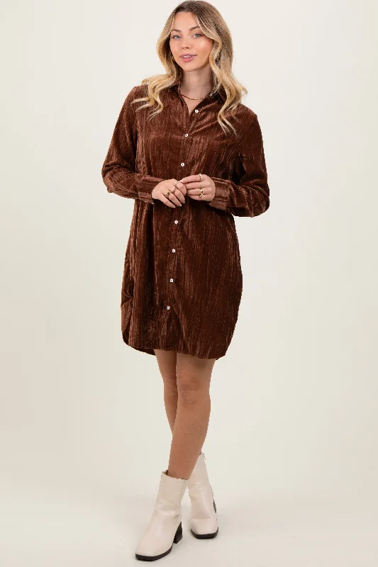 Bid Farewell To The Old Season Brown Crinkled Velvet Button Down Shirt Dress