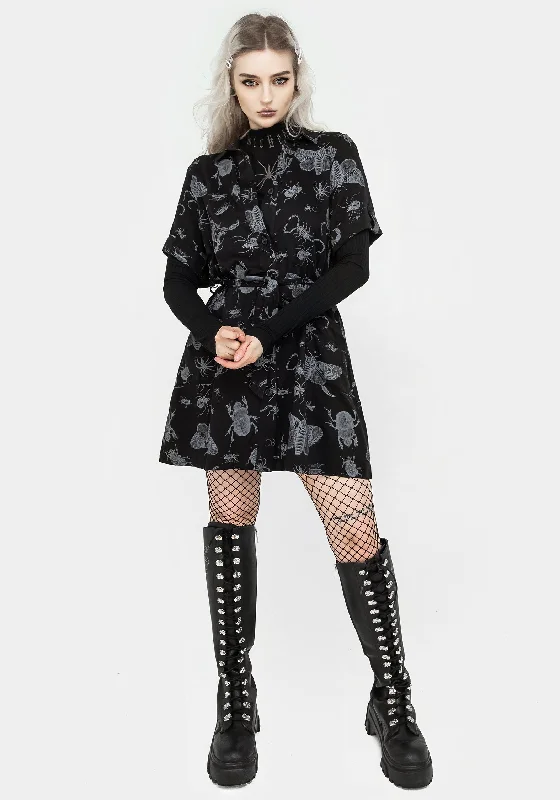 Women's Clothes Parasite Bugs Short Sleeve Mini Shirt Dress - Black