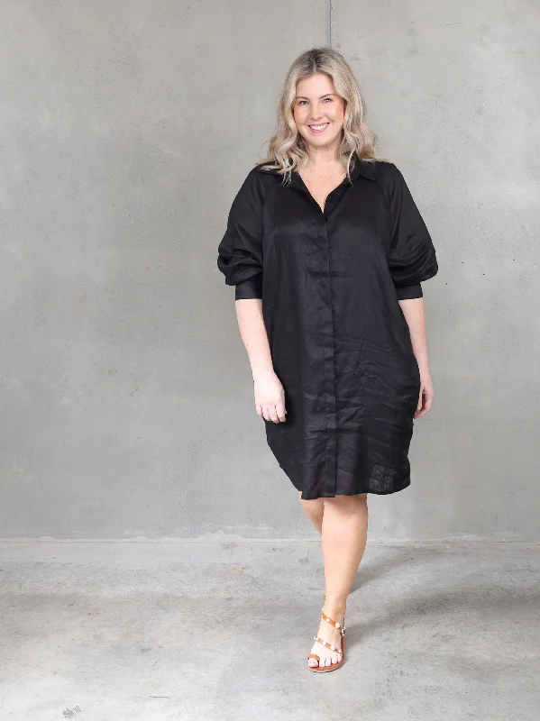 Chic Outfits Valencia Linen Shirt Dress - Black