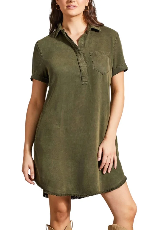 Women Fashion Pop Over Shirt Dress With Pockets In Olive