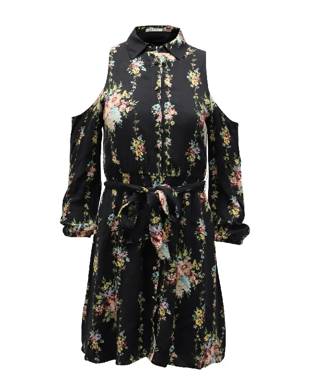 Latest Fashion Alice + Olivia Floral Print Cold Shoulder Belted Karina Shirt Dress in Black Viscose Latest Fashion Alice + Olivia Floral Print Cold Shoulder Belted Karina Shirt Dress in Black Viscose
