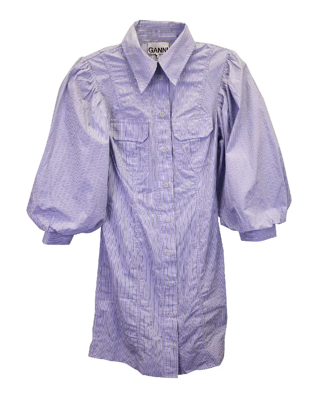 Fashion Essentials Ganni Puff Sleeve Striped Mini Shirt Dress in Light Blue Cotton Fashion Essentials Ganni Puff Sleeve Striped Mini Shirt Dress in Light Blue Cotton