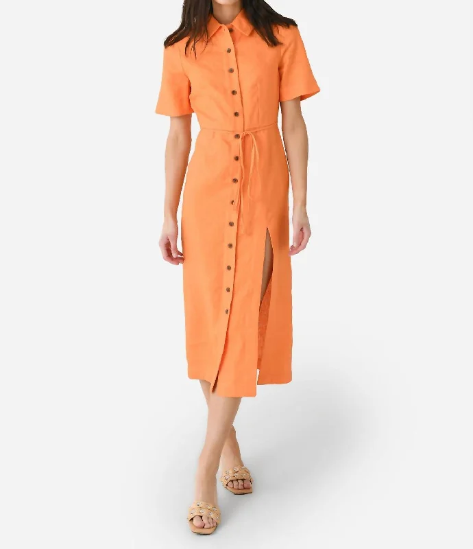 Vibrant Femme Fashion Button-Up Midi Shirt Dress In Orange Linen