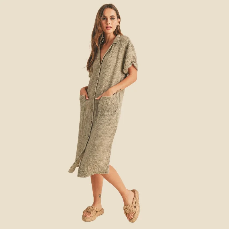 Chic Outfits Buttondown Dye and Wash Gauze Shirt Dress (Olive)