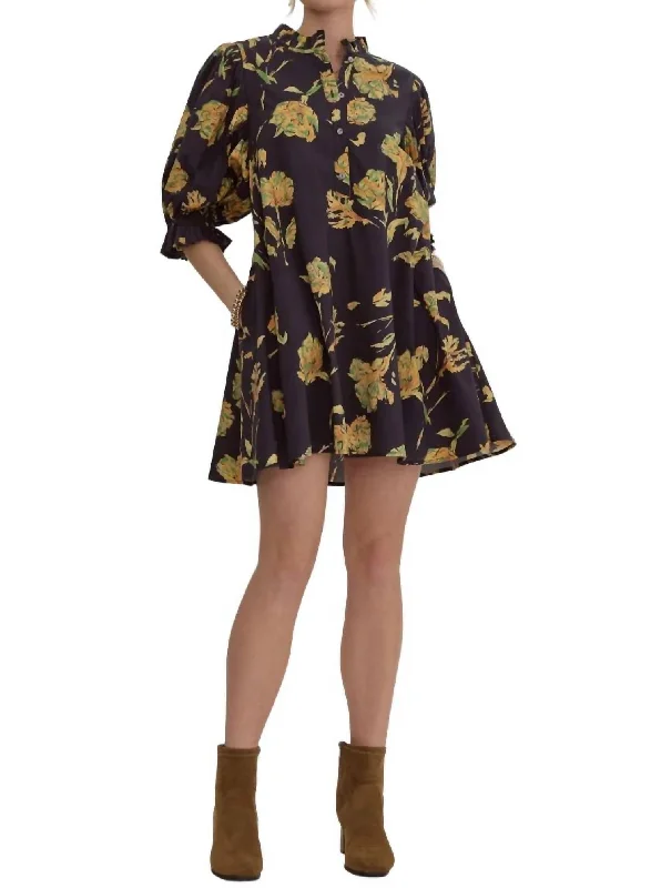 Current Trends Floral Shirt Dress In Black