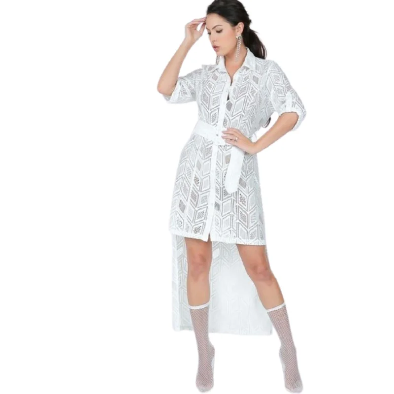 Winter Wardrobe Clearance Belted Hi Low Placket Lace Shirt Dress