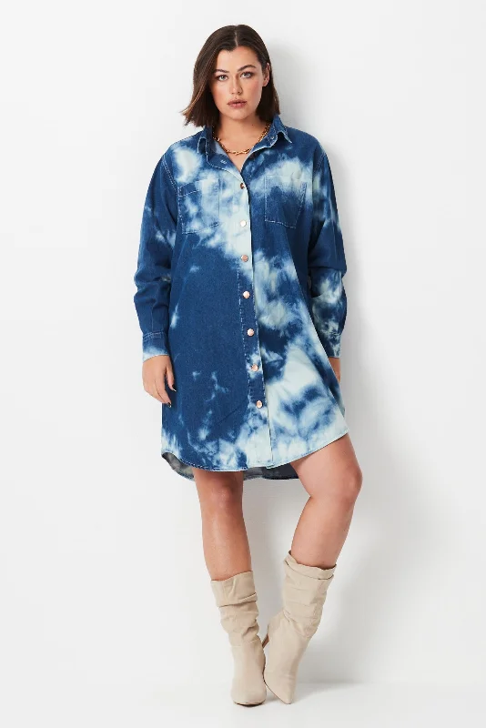 Mega Sale Shibori Denim Shirt Dress - Indigo Wash