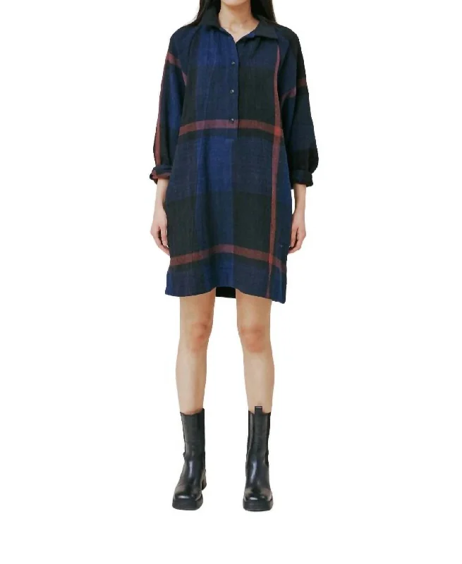 Wardrobe Upgrade Hilma Shirt Dress In Navy Cotton Plaid