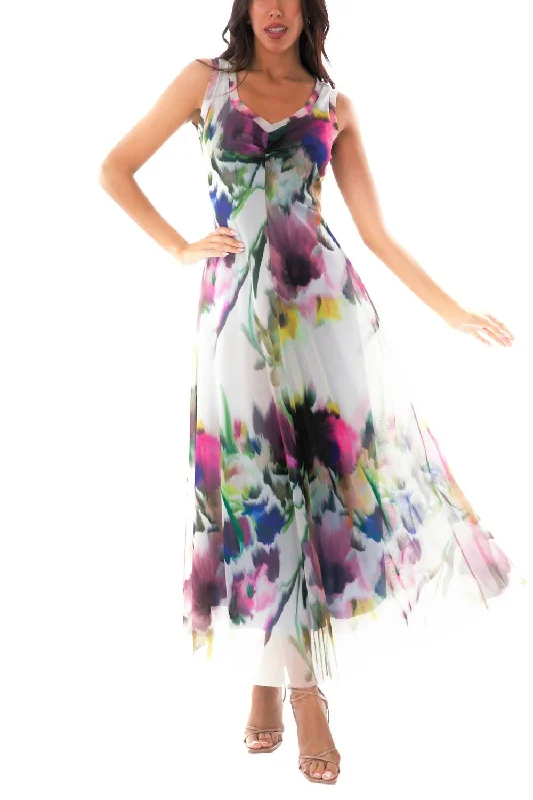 Holiday Attire Sale Iris Maxi V-Neckline Sleeveless Fit N Flare Print Dress In Multi