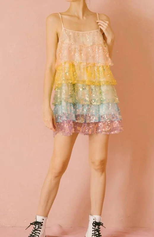 Quality Driven Apparel Mini Trapeze Swing Dress in Rainbow And Sequin