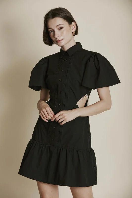Crazy Discounts, Hurry Up Pearl Trim Cut-Out Shirt Dress