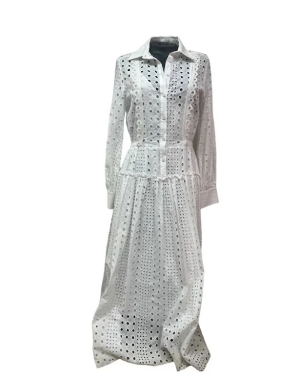 Discount Store Eyelet Open Work Maxi Shirt Dress In White