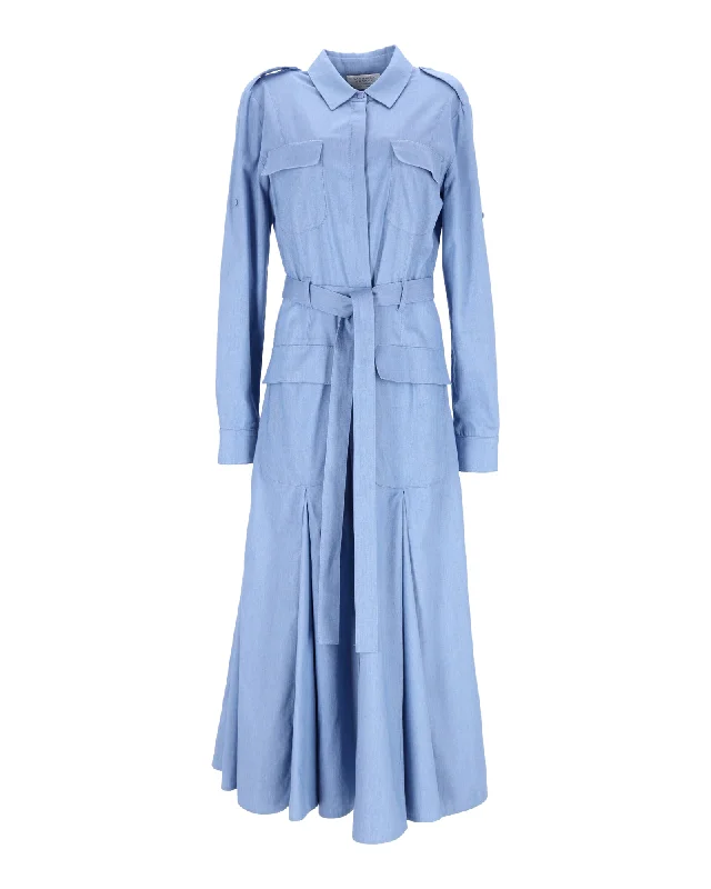 Fashionista Favorites Gabriela Hearst Meyer Pleated Belted Shirt Dress In Blue Cotton