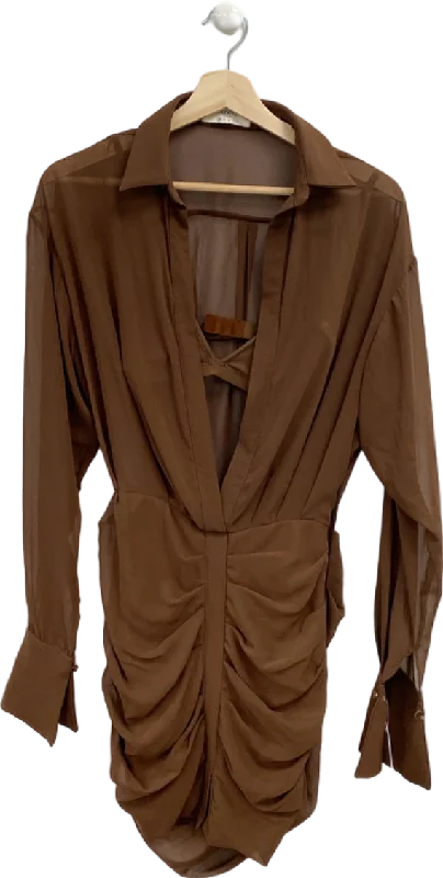 Earthy Tones House of CB Brown Sheer Ruched Shirt Dress with Matching Bra XS