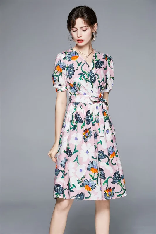 Flash Sale Or Flash Sales Pink & Floral print Day A-line V-neck Short Sleeve Above Knee Printed Dress Flash Sale Or Flash Sales Pink & Floral print Day A-line V-neck Short Sleeve Above Knee Printed Dress
