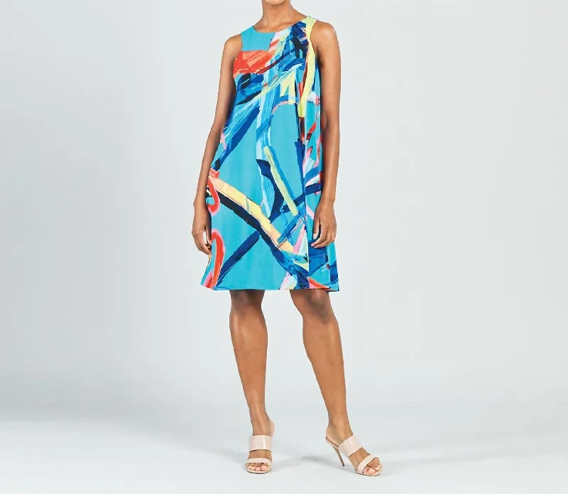 Limited Stock, Big Discounts Jewel Neck Swing Dress In Turquoise/multi