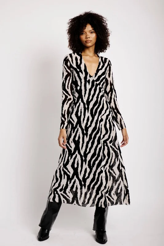 Trendy Women's Wear Collection Velvet Mesh Dress in Mono Zebra