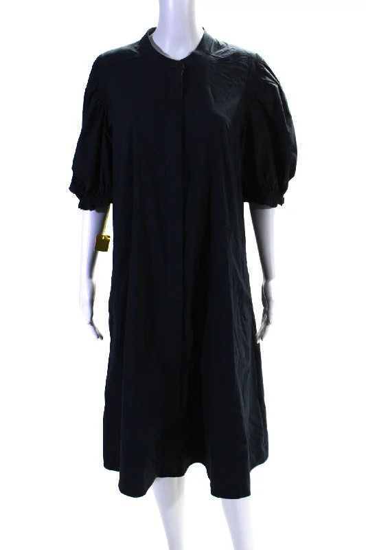 Fashion Forward Foil Womens Back In Business Puff Sleeve Midi Shirt Dress Navy Blue