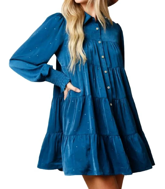 Best Deals Of The Season Rhinestone Button Down Shirt Dress In Teal