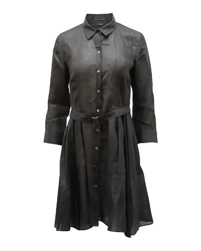 Fashion Frontiers Theory Belted Shirt Dress in Black Linen
