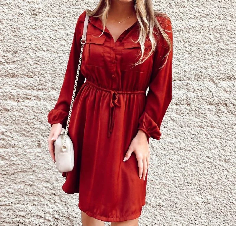 Clothing Sales Satin Shirt Dress In Dark Rust