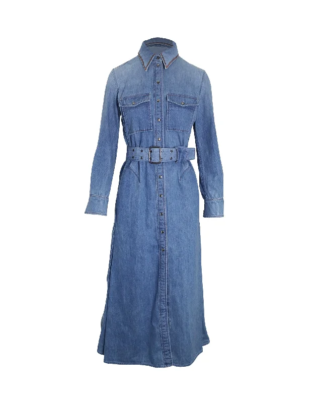 Quick Grab Deals Chloe Belted Midi Shirt Dress in Blue Cotton Denim