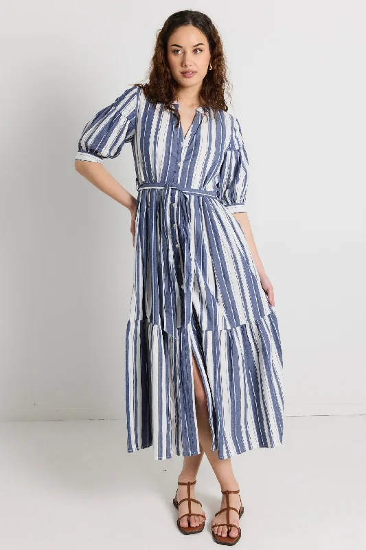 Seasonal Sale Insight Navy Stripe Balloon Sleeve Midi Shirt Dress