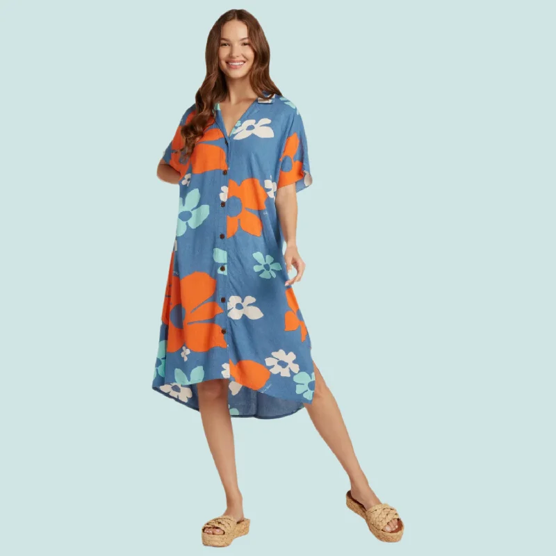 Relaxed Style Shirt Dress - Tradewinds Retro Blue