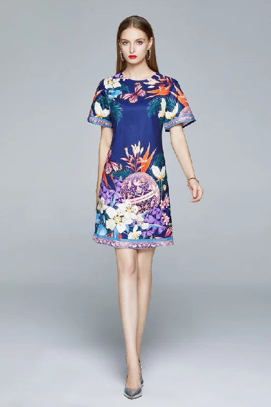 The Latest Fashion Trends Navy & Multicolor floral print Day A-line Crewneck Short Sleeve Short Printed Dress The Latest Fashion Trends Navy & Multicolor floral print Day A-line Crewneck Short Sleeve Short Printed Dress