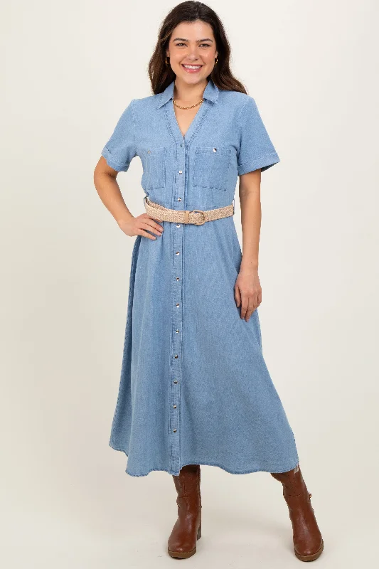 Sophisticated Outfits Light Blue Chambray Button Down Midi Shirt Dress