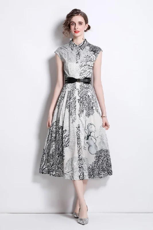 Style Your Wardrobe White & Black Day A-line Shirt Colar Sleeveless Midi Printed Dress
