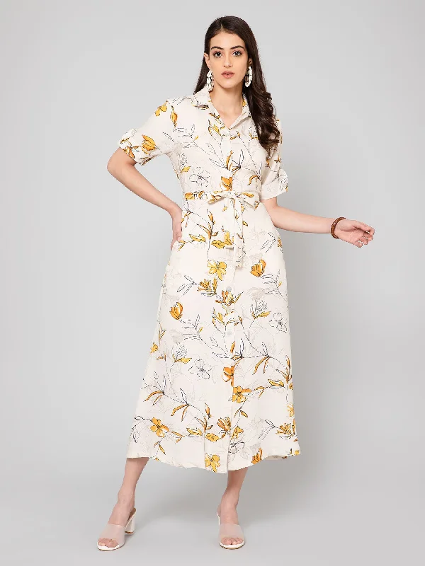 Essentials On Sale Women's Casual Shirt Collar Yellow Floral Print Shirt Dress