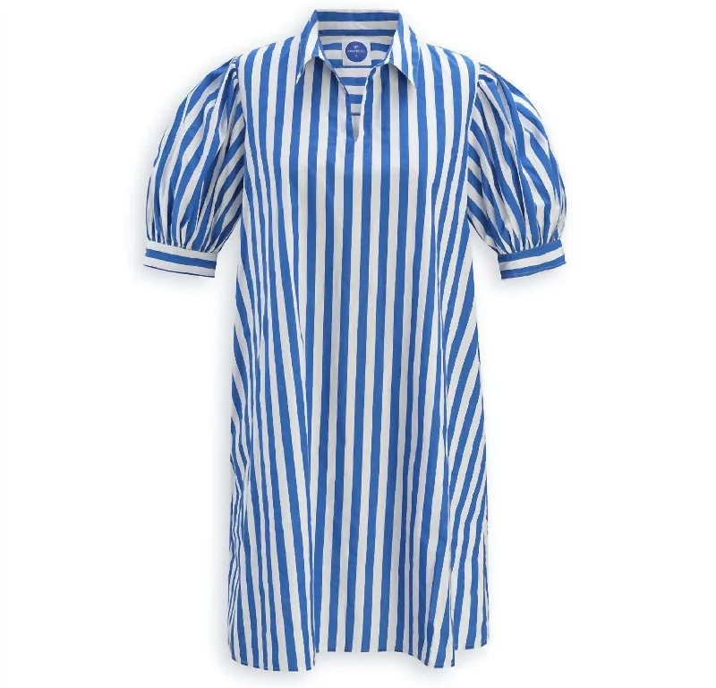 Hot Picks Puff Sleeve Shirt Dress In Royal Stripe