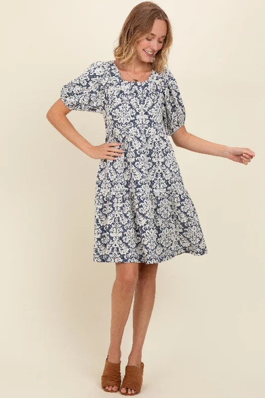 Glamorous Evening Wear Navy Jacquard Damask Print Dress