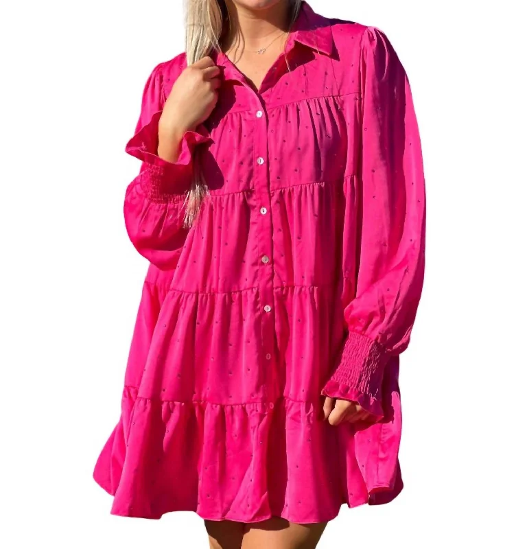 Trendy Street Style Attire Rhinestone Button Down Shirt Dress In Hot Pink