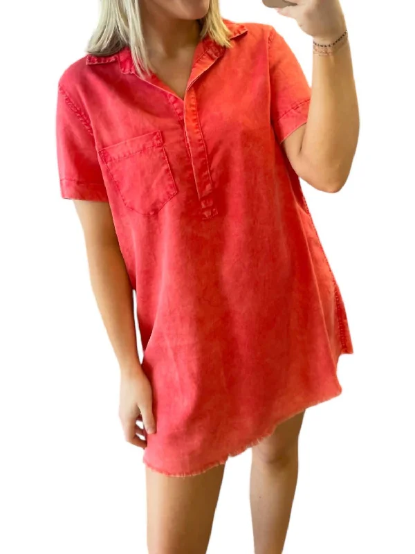 Holiday Glam Washed Denim Shirt Dress In Washed Red