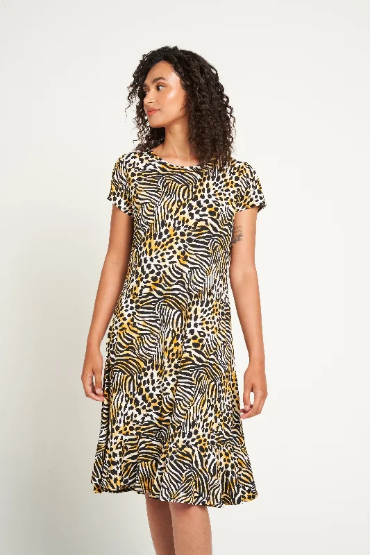 Trendy Pulse Saloos Knee Length Animal Print Dress with Frilled Hem