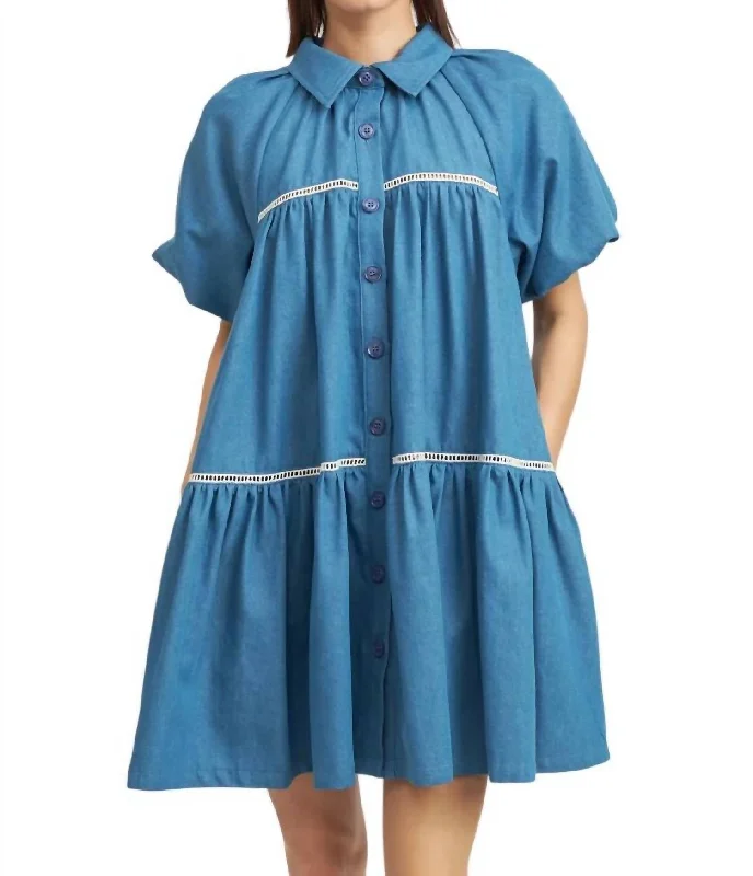 Limited Styles Bubble Sleeve Shirt Dress In Chambray