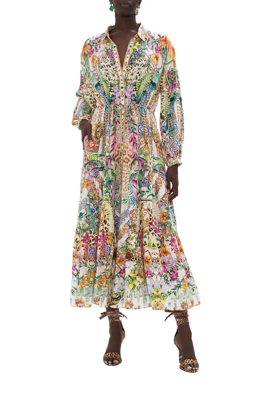 Women Clothes Tiered Long Shirt Dress In Flowers Of Neptune