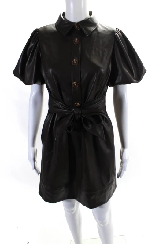 Casual Chic Toccin Womens Short Puff Sleeve Faux Leather Shirt Dress Brown