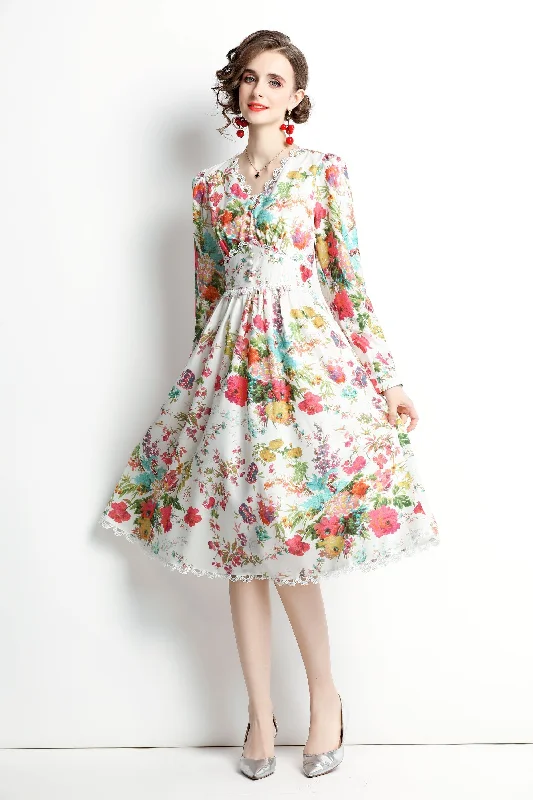 Signature Style Essentials Multicolor Day A-line V-neck Long Sleeve Below Knee Printed Dress
